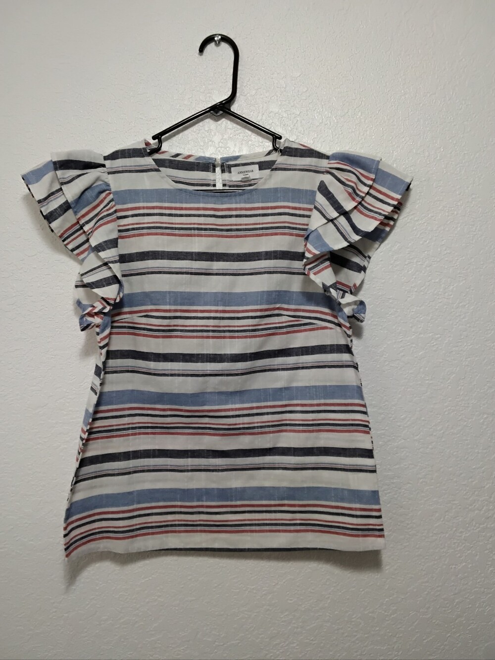 Anniewear Size Small Striped Ruffle Sleeve Blouse - Blue/White/Red